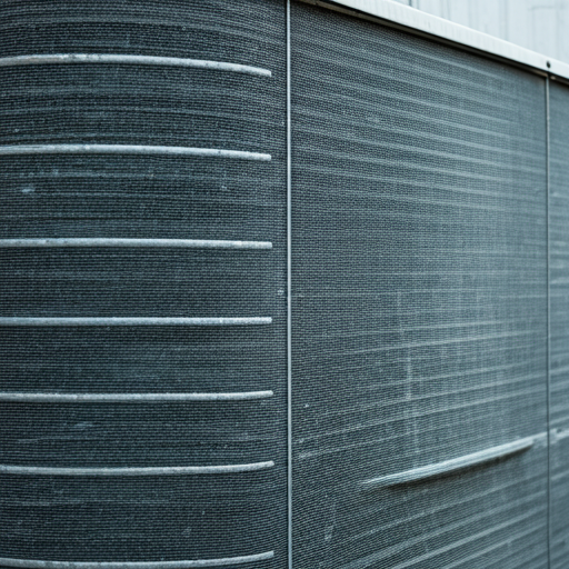 Close up of modern air conditioning condenser unit with industrial metallic texture