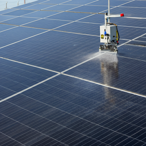 Automated solar panel cleaning system spraying clean water onto reflective panels
