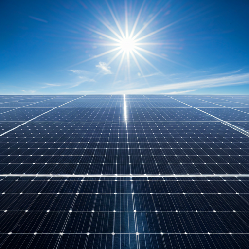 High angle view of vast solar farm rows reflecting the blue sky under a bright sun