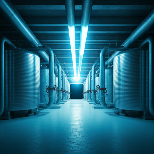 Minimalist clean water storage facility with industrial pipes and professional blue lighting
